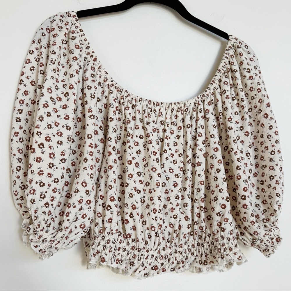 Rylee + Cru Cream Floral Peasant Blouse with Brown and Rust Accents